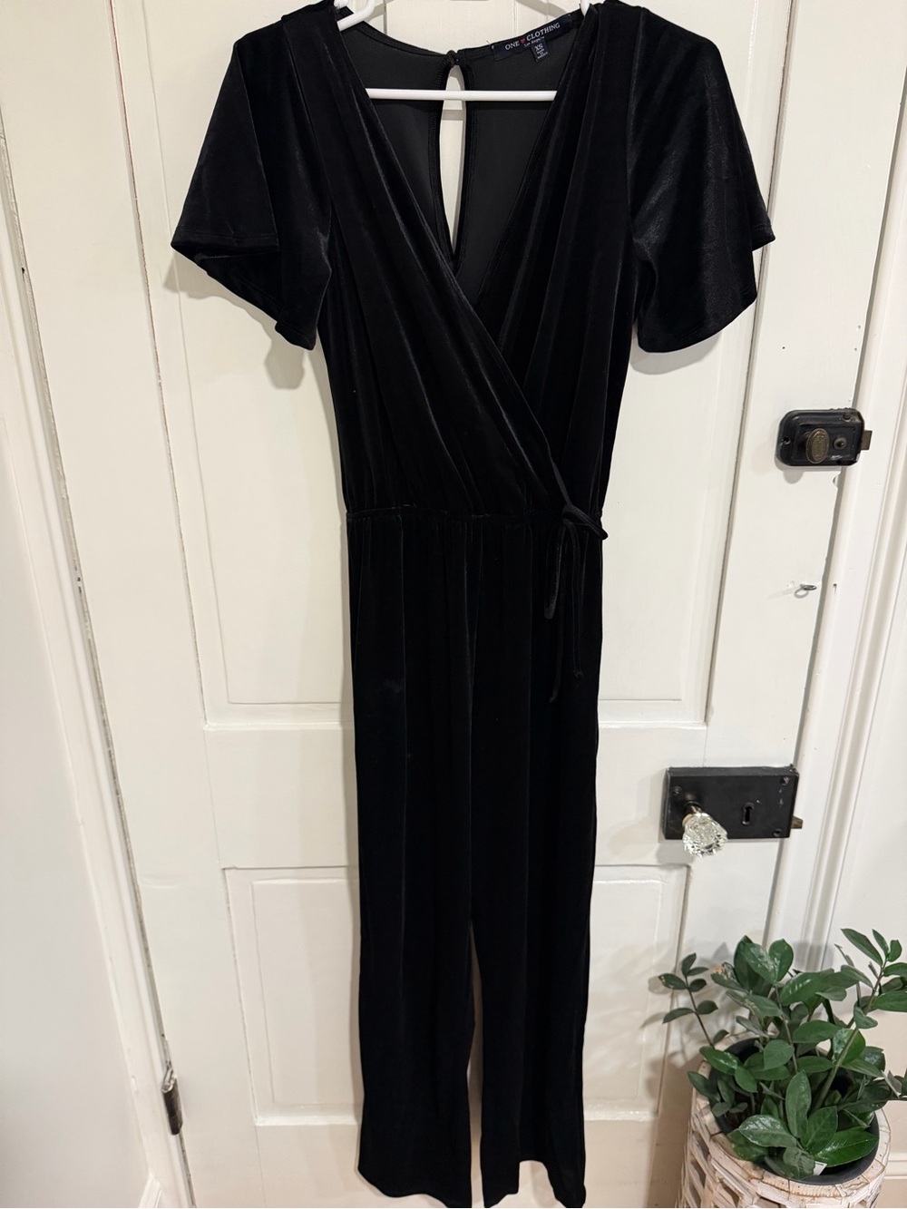 One Clothing Black Velvet Wrap Jumpsuit, XS